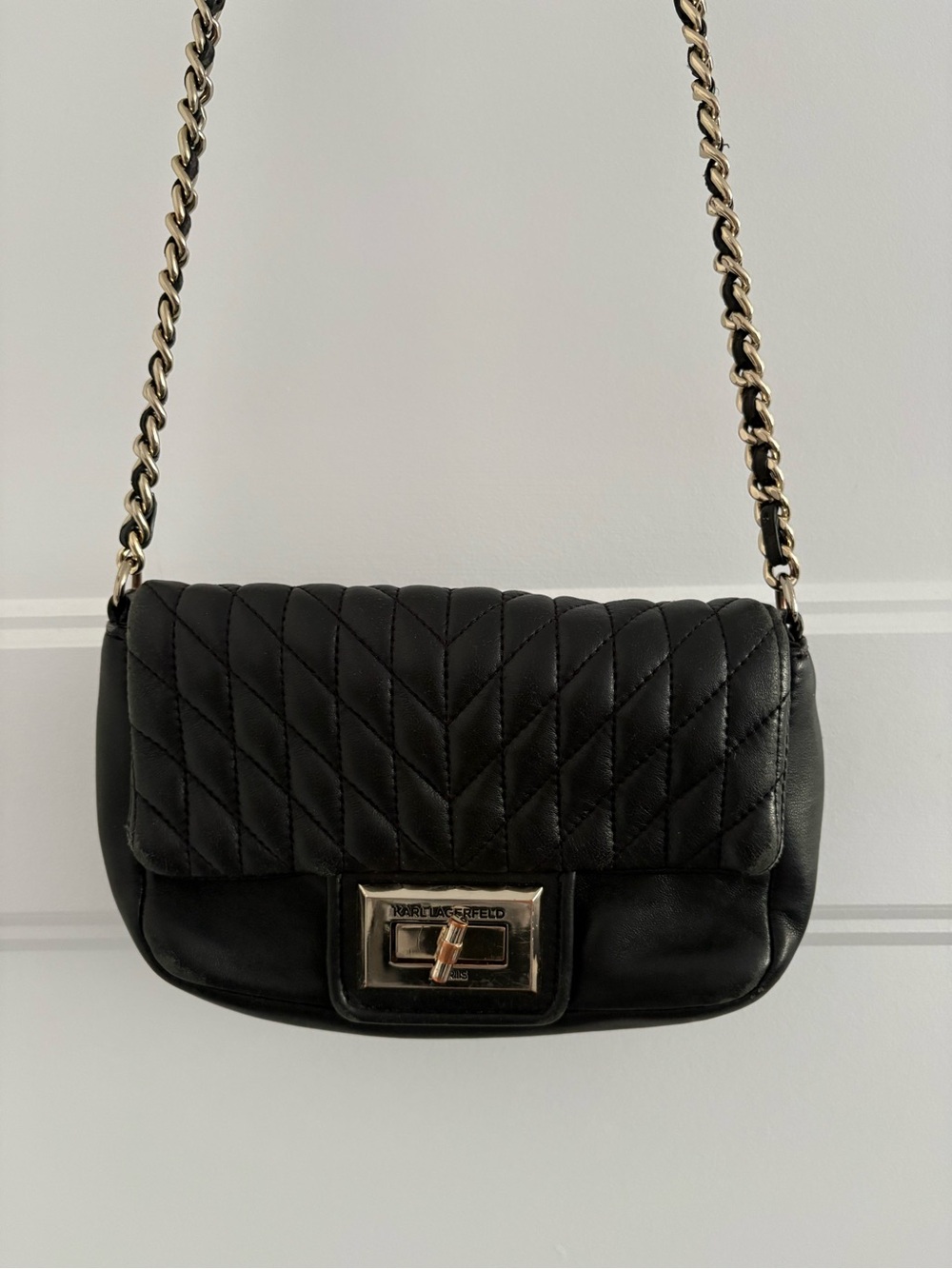 Karl Lagerfeld Black Quilted Crossbody with Gold Chain